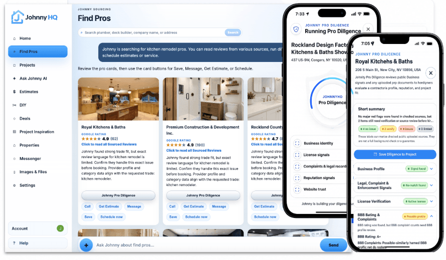 JohnnyHQ Find Pros and Johnny Pro Check shown across web and mobile
